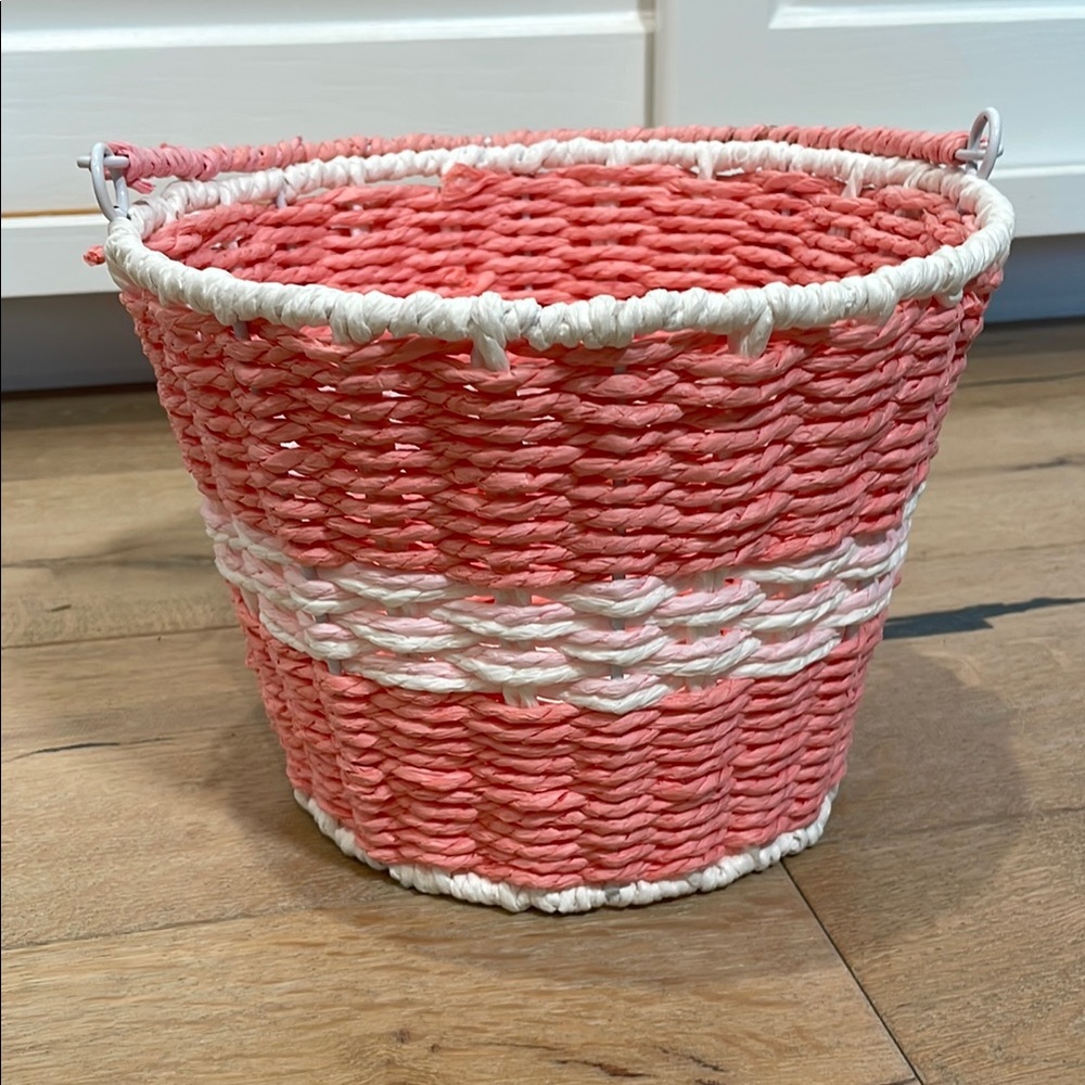 Pink and White Woven Round Decorative Basket with Handle Small Storage